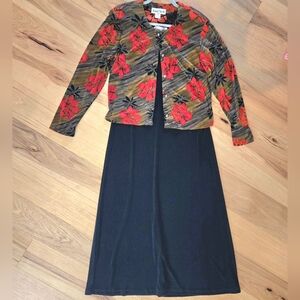 RONNI NICOLE Semi-Formal Black Stretchy Knit Dress and Red & Gold Floral Jacket